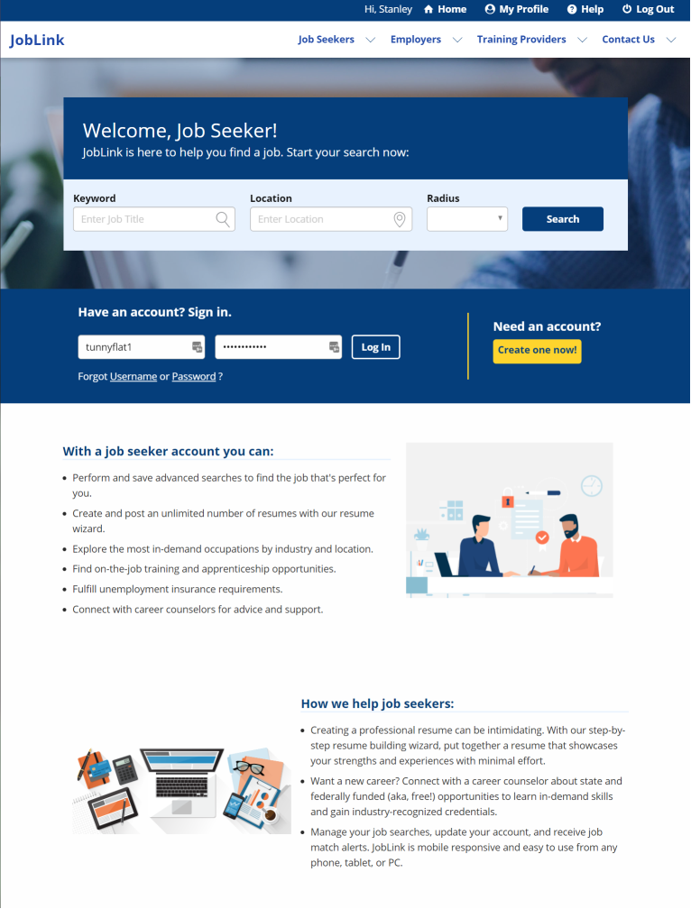 Screenshot of the Job Seeker landing page, which has a job search, fields for username and password, and text about the benefits of the system.